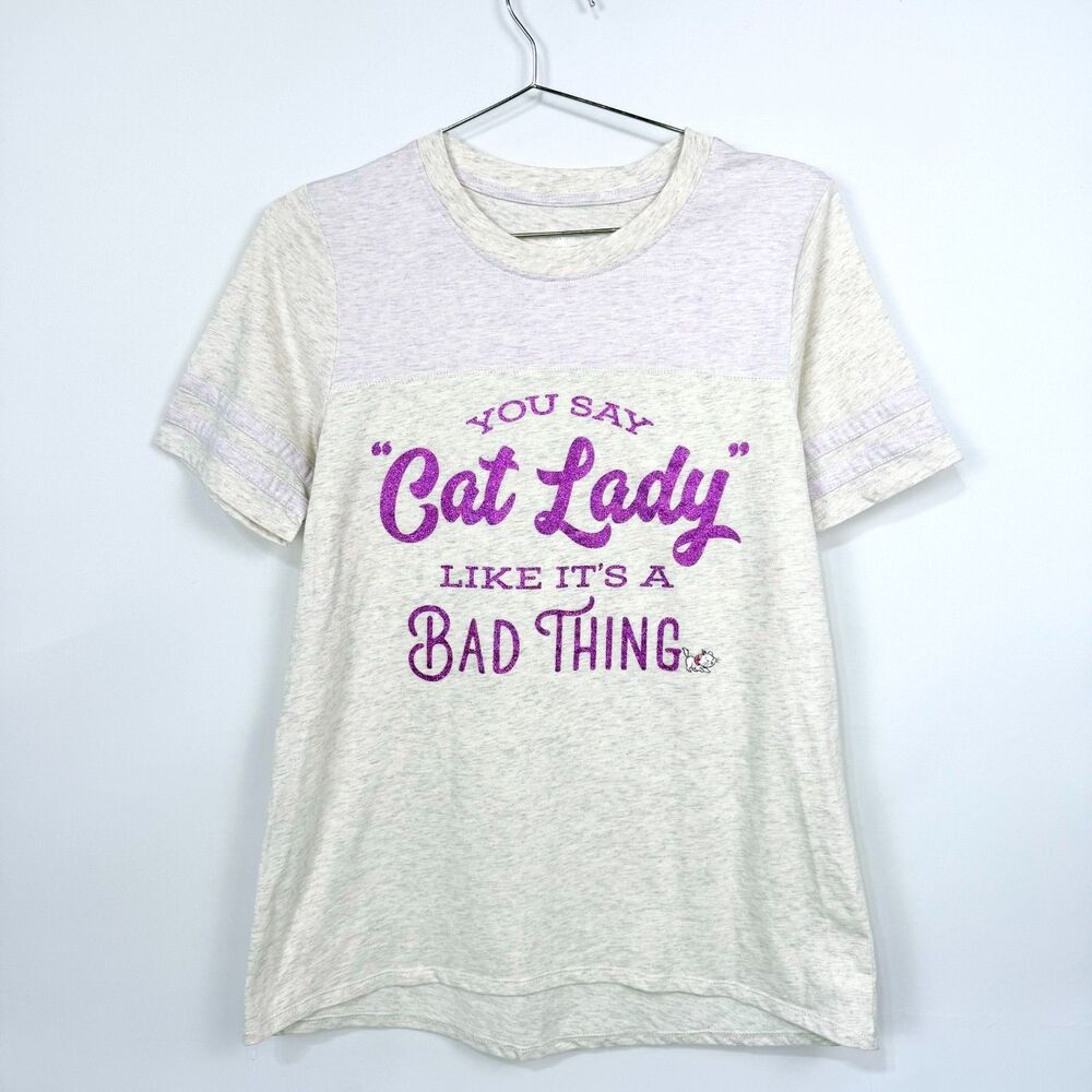 Disney Parks Cat Lady T-Shirt Women's M Ivory Purple Glitter Sparkle Fun